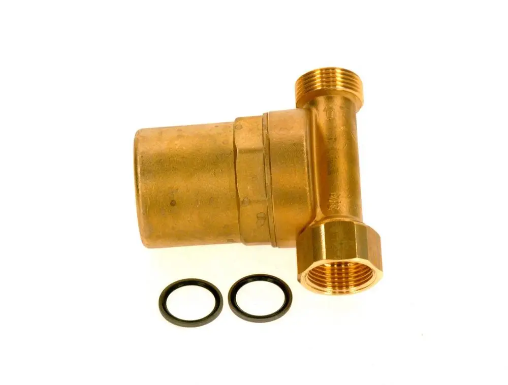 Wasserschlagsdämpfer aus Messing mit zwei O-Ringen, geeignet für Rohrverbindungen, gefertigt von Bosch.